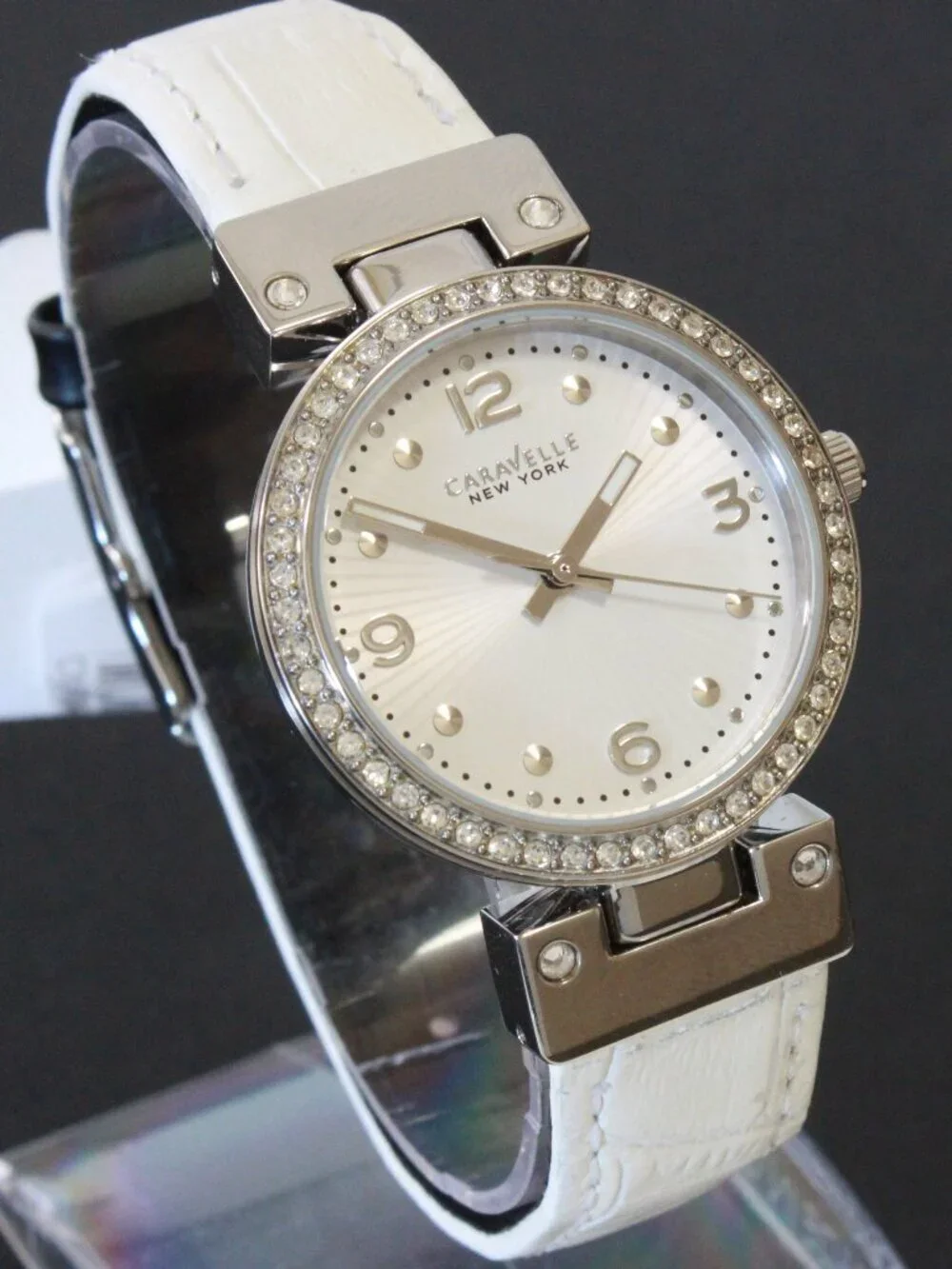 Caravelle Ladies Dress Watch By Bulova Crystal Bezel Reversible Strap 32mm